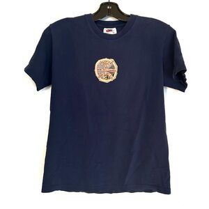 Vintage Nike Navy Blue Cotton Graphic T Shirt Youth Medium Yellow Basketball Y2K